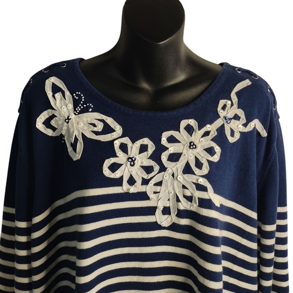 Alfred Dunner Women's Navy Striped Butterfly Floral Sweater Plus Size 3X - Picture 3 of 9
